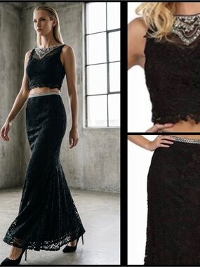 Royal Queen Collection U.S.A. Jeweled  Lace Motif Elegant Black Skirt Set Sz 8